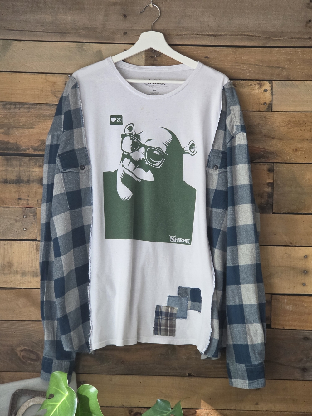 Upcycled Shrek Graphic T-Shirt - with Plaid Sleeves